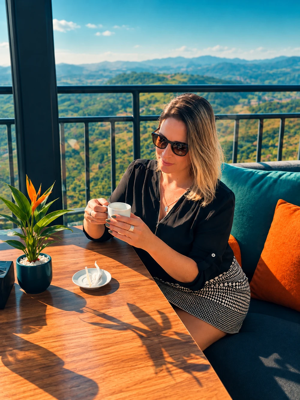 Aline Pivetta tomando café em Florianópolis
